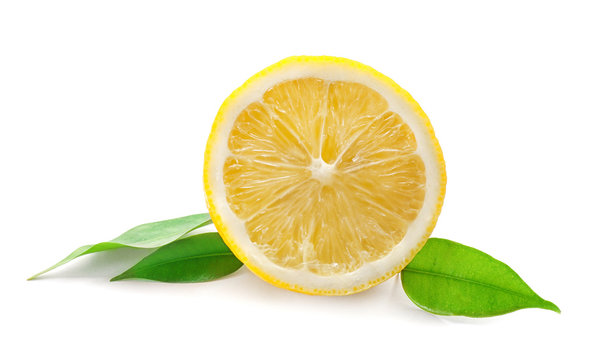 Half of lemon with leaves on white background