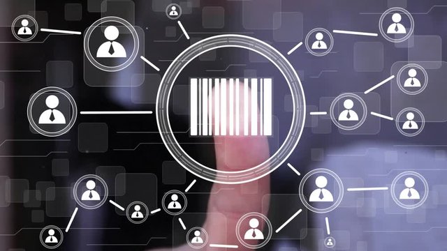 Businessman presses button barcode product network internet web computer interface.