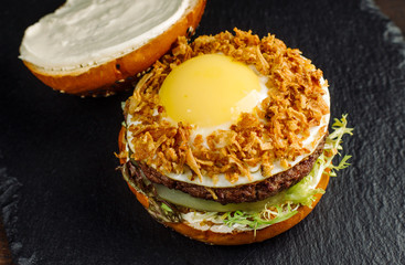 Hamburger with beef meat and egg.