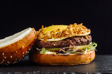 Hamburger with beef meat and egg.