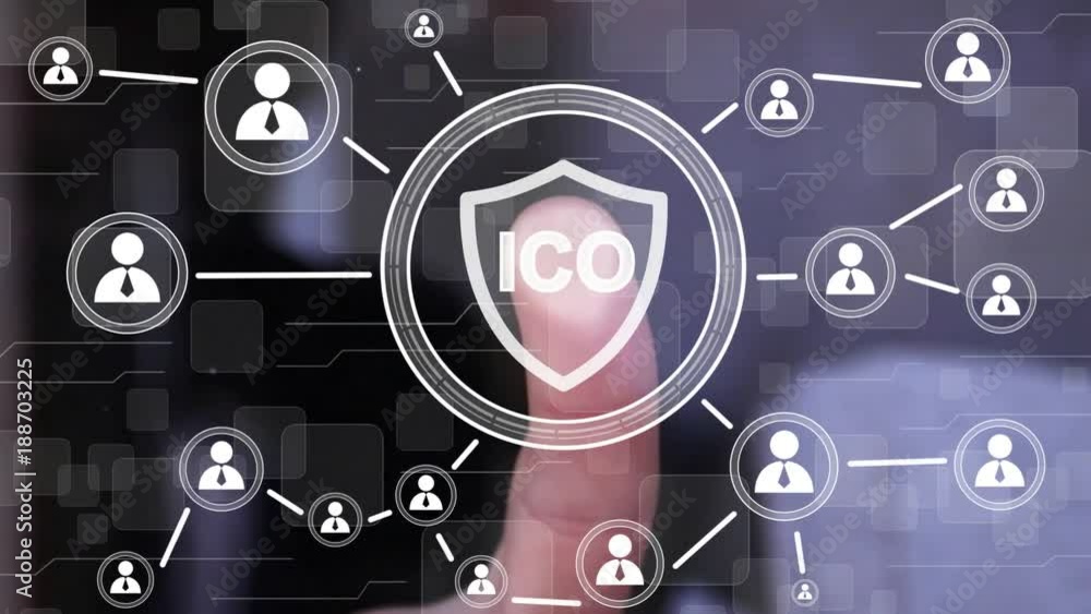 Poster businessman presses button ico initial coin offering shield security virus icon on virtual digital e