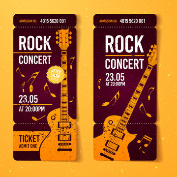 vector illustration rock concert ticket design template with orange guitar and cool splash effects in the background