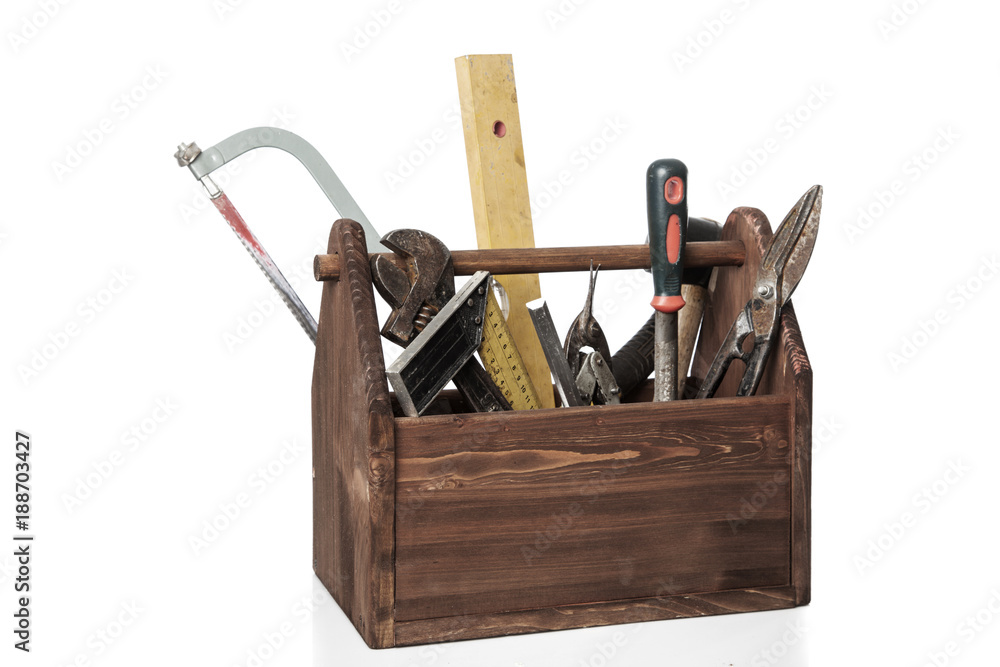 Poster old carpenter wooden toolbox with tools isolated on white