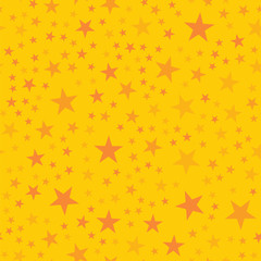 Orange stars seamless pattern on yellow background. Nice endless random scattered orange stars festive pattern. Modern creative chaotic decor. Vector abstract illustration.