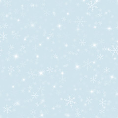 Magic snowflakes seamless pattern on light blue Christmas background. Chaotic scattered magic snowflakes. Symmetrical Christmas creative pattern. Vector illustration.