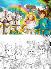 Obraz na płótnie Canvas cartoon scene with young princess and prince - happy couple - watching two white horses near beautiful medieval castle waterfall and rainbow - scene with coloring page illustration for children