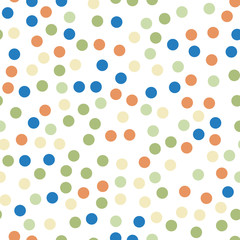 Colorful polka dots seamless pattern on white 6 background. Rare classic colorful polka dots textile pattern. Seamless scattered confetti fall chaotic decor. Abstract vector illustration.