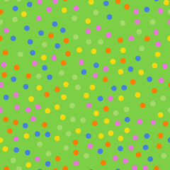 Colorful polka dots seamless pattern on bright 2 background. Alluring classic colorful polka dots textile pattern. Seamless scattered confetti fall chaotic decor. Abstract vector illustration.
