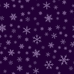Naklejka na ściany i meble Violet snowflakes seamless pattern on purple Christmas background. Chaotic scattered violet snowflakes. Fine Christmas creative pattern. Vector illustration.