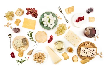Foto op Canvas Various types of cheese with wine on a white background © laplateresca