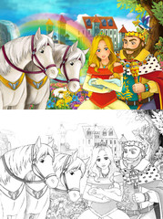 Obraz na płótnie Canvas cartoon scene with young princess and prince - happy couple - watching two white horses near beautiful medieval castle waterfall and rainbow - scene with coloring page illustration for children