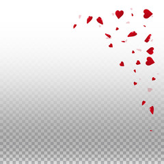 3d hearts valentine background. Top right corner on transparent grid light background. 3d hearts valentines day cool design. Vector illustration.