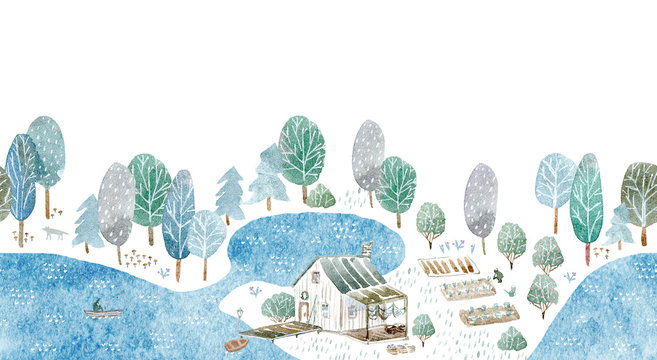 Seamless border of a fisherman's house and garden.Landscape of a forest, lake, road and lake.Watercolor hand drawn illustration.White background.