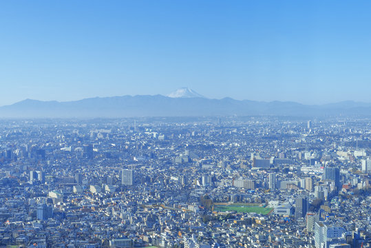 東京の街並みと富士山