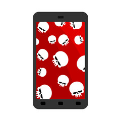 Virus in smartphone. Cyber attack on phone. Skull on screen. Blocked  Gadget does not work. Vector illustration
