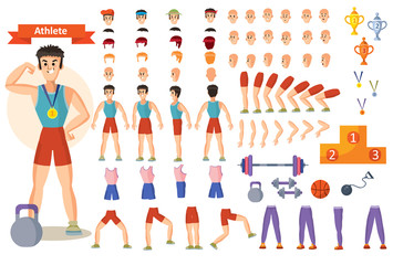 Man athlete in gym vector cartoon character constructor body parts and exercise poses icons. Construction set for create bodybuilder or weightlifter and training positions with barbells and dumbbells