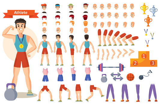 Man Athlete In Gym Vector Cartoon Character Constructor Body Parts And Exercise Poses Icons. Construction Set For Create Bodybuilder Or Weightlifter And Training Positions With Barbells And Dumbbells