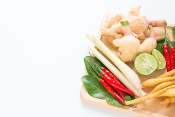 Thai herb ingredient, spicy food on white background with copyspace