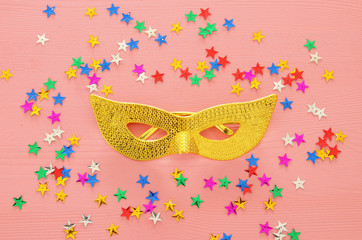 Top view image of masquerade venetian mask background. Flat lay. Purim celebration concept (jewish carnival holiday).