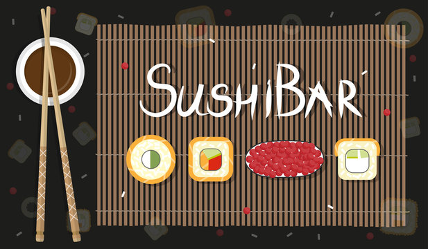 sushi, soy sauce and inscription sushi bar vector illustration