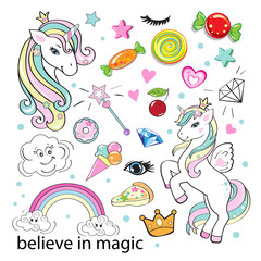 beautiful unicorn and pop art elements on a white background