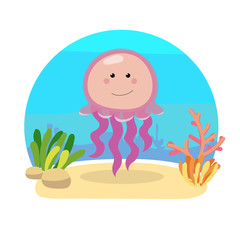 Obraz na płótnie Canvas Sea animals with landscape - cute cartoon illustration of jellyfish