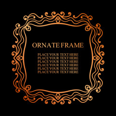 Vintage decorative golden frame. Elegant ornamental template for design of birthday and greeting card, wedding invitation with place for text. Vector illustration