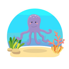 Sea animals with landscape - cute cartoon illustration of octopus