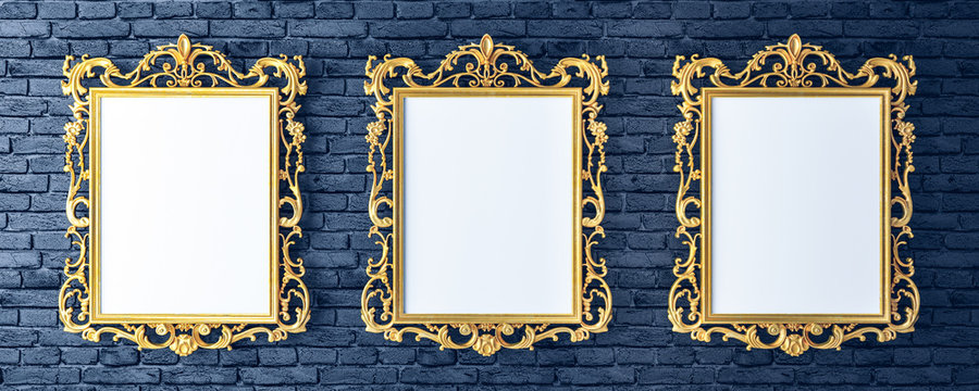 Canvas with vintage golden frames on brick wall of the gallery 3d render