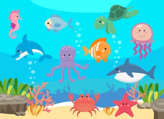 Wall murals Sea life Sea life, marine animals set with underwater landscape - seahorse, star, octopus, turtle, shark, fish, jellyfish, dolphin, crab. Cute cartoon illustration in flat style