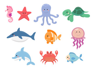 Naklejka premium Sea life, marine animals set in flat style isolated on white background, illustration. Cute cartoon animals collection: seahorse, star, octopus, turtle, shark, fish, jellyfish, dolphin, crab
