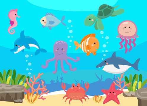 Sea life, marine animals set with underwater landscape - seahorse, star, octopus, turtle, shark, fish, jellyfish, dolphin, crab. Cute cartoon illustration in flat style