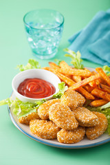 vegan soy nuggets and sweet potato fries healthy meal