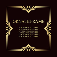 Vintage decorative golden frame. Elegant ornamental template for design of birthday and greeting card, wedding invitation with place for text. Vector illustration