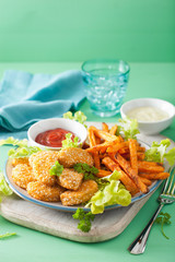 vegan soy nuggets and sweet potato fries healthy meal
