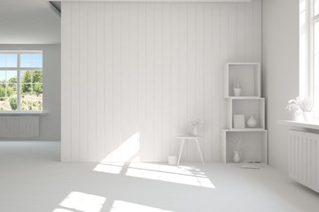 Fototapeta na wymiar White empty room with shelf. Scandinavian interior design. 3D illustration