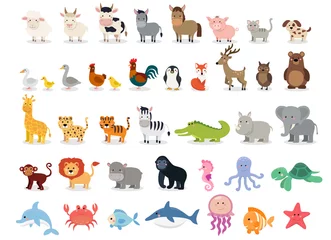 Foto op Plexiglas Schattige dieren collectie: boerderijdieren, wilde dieren, jachthaven dieren geïsoleerd op een witte achtergrond. Illustratie ontwerpsjabloon © Biscotto Design