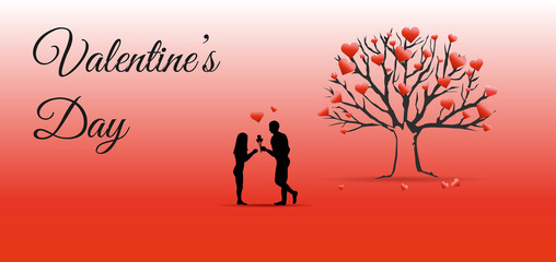 Valentines day vector illustration background with silhouette and tree with heart in red color.