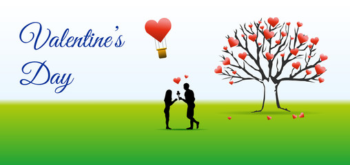 Valentines day vector illustration background with silhouette and tree with heart in green and blue color.