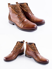 Male brown leather boot on white background, isolated product, comfortable footwear.