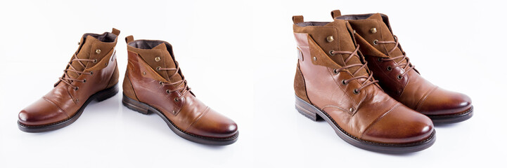 Male brown leather boot on white background, isolated product, comfortable footwear.