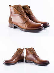 Male brown leather boot on white background, isolated product, comfortable footwear.