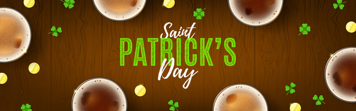 Happy Saint Patrick's Day Banner. Top View on Festive Composition with Beer Glasses, Golden Coins and Clover Leaves on Wooden Texture. Vector Illustration for holiday cards or headers website.
