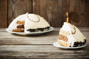 chocolate cake on old wooden background