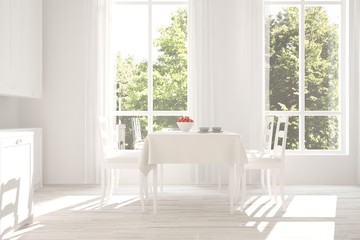 Obraz na płótnie Canvas White dinner room with green landscape in window. Scandinavian interior design. 3D illustration