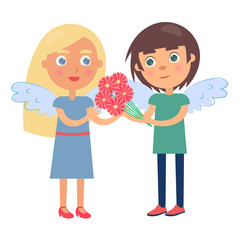 Boy Girl Couple Wings on Back Man Gives Flowers