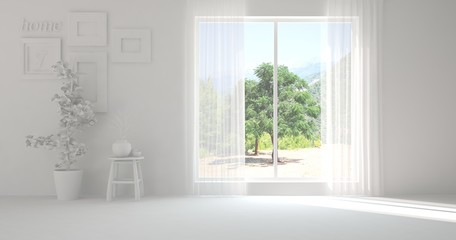 White empty room with summer landscape in window. Scandinavian interior design. 3D illustration