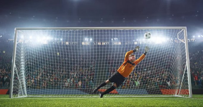 Soccer goalkeeper in action on professional stadium