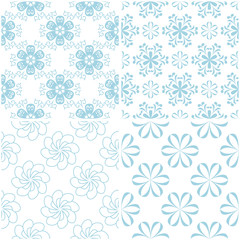 Fototapeta na wymiar Floral patterns. Set of light blue elements on white. Seamless backgrounds