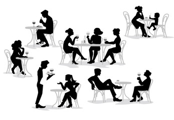 A vector illustration of group of people such silhouette. Series of fashion people, men and women, sitting, eating and drinking wine in the cafe. Characters set.